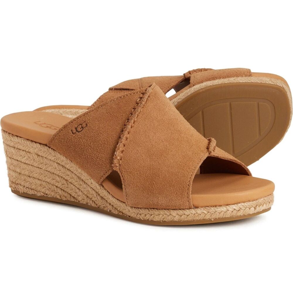 NIB UGG WOMEN'S TAIA WEDGE CRISS CROSS SUEDE SANDALS CHESTNUT - Picture 2 of 6
